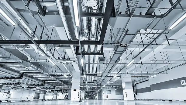 Underground Carpark  of a modern building pipe