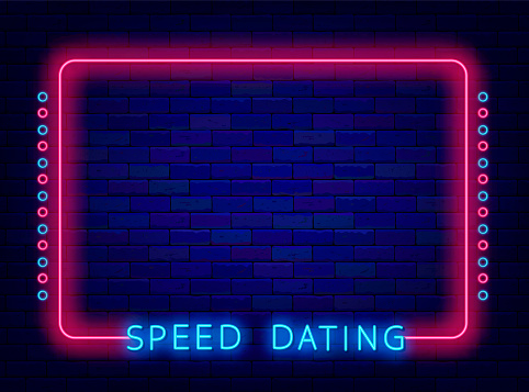 Speed dating neon banner. Space for text. Night show advertising. Romantic meeting. Pink frame with circles. Love searching. Marriage agency. Minimal flyer. Glowing poster. Vector stock illustration