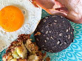 Close-up image of breakfast on patterned blue plate of sunny-side-up fried egg, fried bubble and squeak, black pudding slice and grilled bacon rasher, elevated view