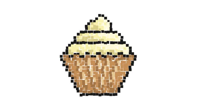 Animated Pixel icon. Dessert basket with cream. Sweet muffin with whipped cream. Simple retro game looped video isolated on white