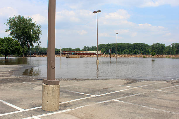 Flooded parking lot in Missouri River Flood waters stock photo