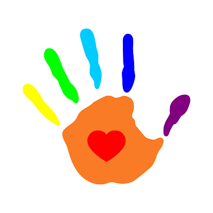 Rainbow handprint graphic icon. Colorful hand with heart sign isolated on white background. Vector illustration