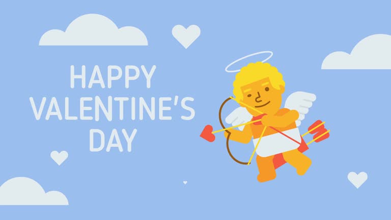 Happy Valentines Day composition cupid flies and shoots from bow and smiles. Greeting video card