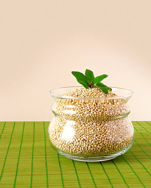 Quinoa in a glass bowl on green napkin stock photo