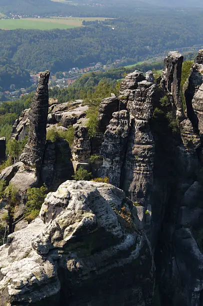"View from the Schrammsteine in the Elbsandsteingebirge, Saxony Switzerland."
