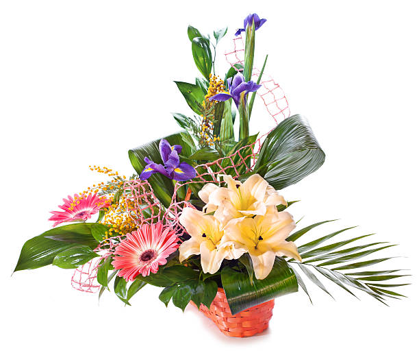 istock Bright flower bouquet in basket isolated over white background 178586657
