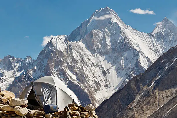 Karakorum Camp, Pakistan, with grand view of Gasherbrum IV