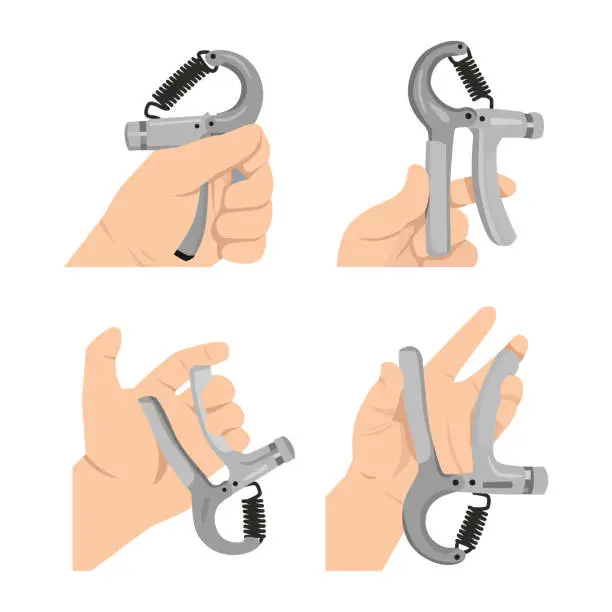 Vector illustration of Man doing hand grip with grip strengthener exercise set.