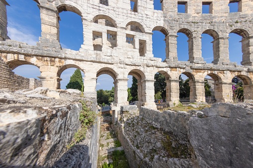 View inside the Roman amphitheater in the Croatian city of Pula without people during the day