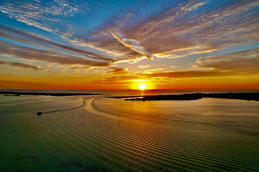 Drone photography of the beautiful beach island sunset, Dunedin Causeway, Tampa Bay, Florida