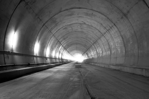 Railway tunnel under construction. Black and white