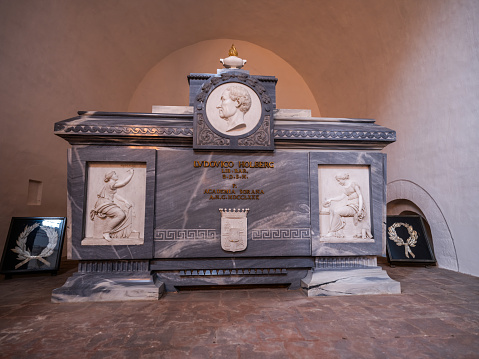 Sorø, Denmark - November 9, 2023: Sarcophagus of Ludvig Holberg (1684-1754) in Sorø Klosterkirke, a Danish-Norwegian writer, historian, novelist and essayist - Denmark's most significant comedy poet.