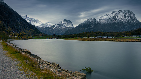Snow capped mountains around Andalsnes in winter