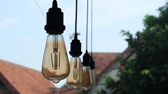 Retro lighting bulbs hanging in line for decoration