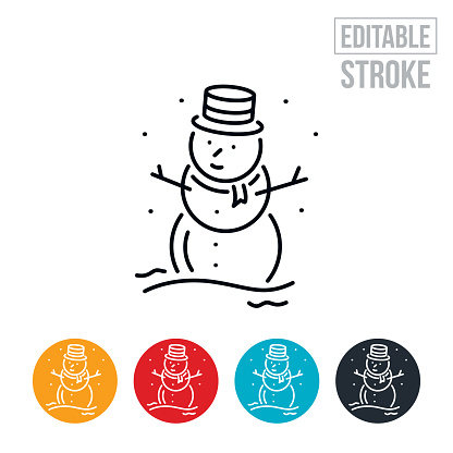 An icon of a winter snowman with hat and scarf. The icon includes editable strokes or outlines using the EPS vector file.