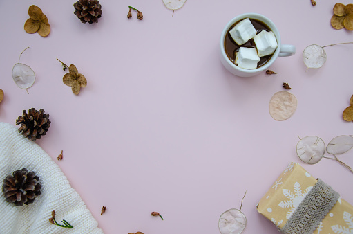 Concept for holiday. Craft eco gift, dried flowers, lunaria rediviva,coffee cup with marshmallows, fir cones on sand rose background. Ad space top view mock up.