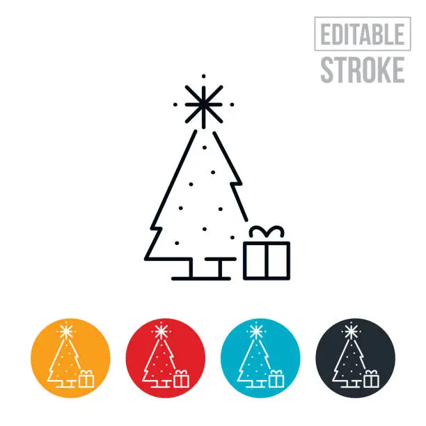 Vector illustration of Christmas Tree With Gift Thin Line Icon - Editable Stroke