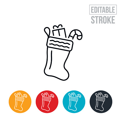 An icon of a Christmas stocking filled with gifts from Santa Claus. The icon includes editable strokes or outlines using the EPS vector file.