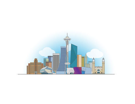 Seattle coloured cityscape line art style vector illustration