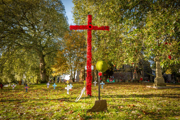 St Marychurch, UK. 10 November 2023. St Mary the Virgin Church in Torquay has knitted poppy and armed forced displays to mark Remembrance Day.