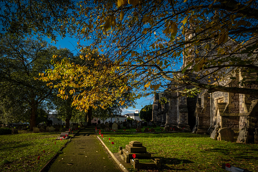 St Marychurch, UK. 10 November 2023. St Mary the Virgin Church in Torquay has knitted poppies lining footpath and armed forced displays to mark Remembrance Day.