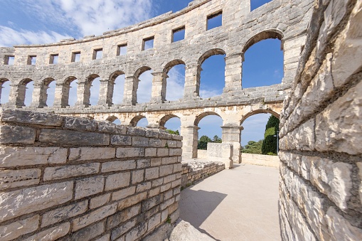 View inside the Roman amphitheater in the Croatian city of Pula without people during the day