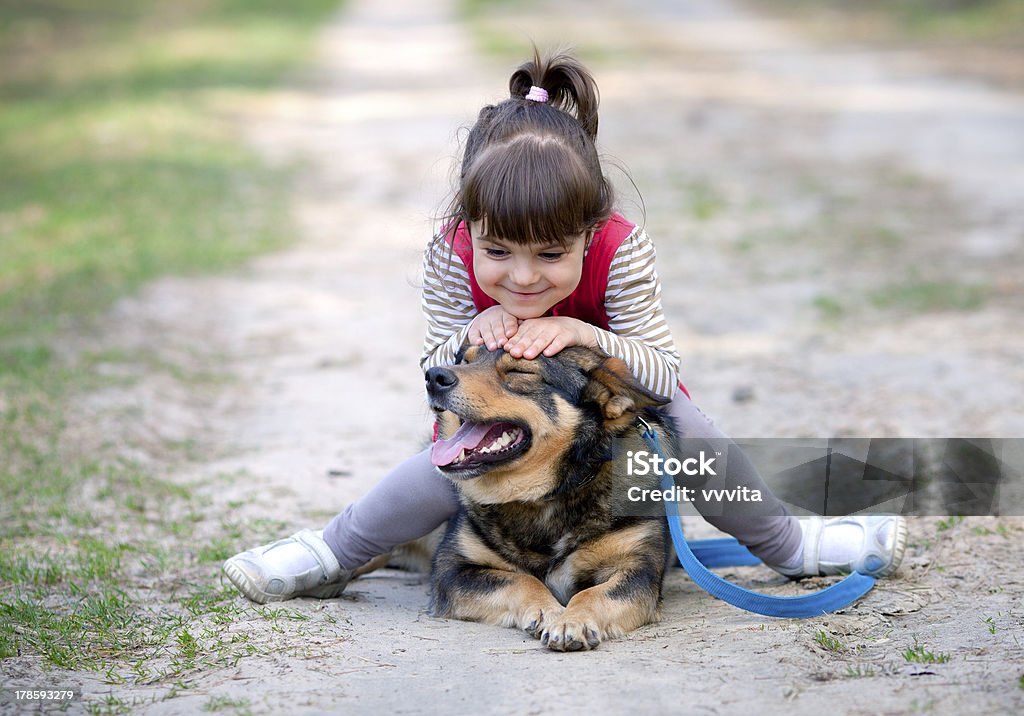 Menina feliz brincando com cachorro - Foto de stock de Amizade royalty-free