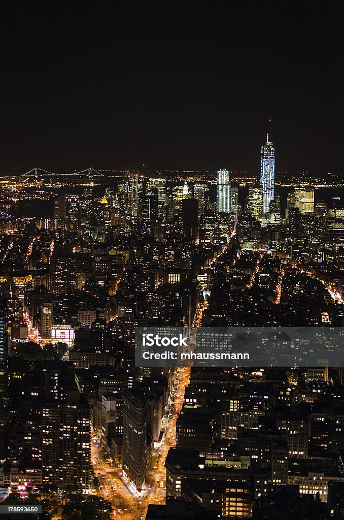 Fifth Avenue and Downtown Manhattan by Night Fifth Avenue and Downtown Manhattan seen from the Empire State Building Observatory by night Aerial View Stock Photo