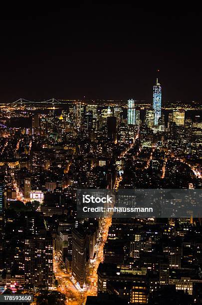 Fifth Avenue And Downtown Manhattan By Night Stock Photo - Download Image Now - Aerial View, Avenue, Bright