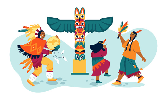Ritual dance around the totem - modern colored vector illustration on white background with shaman with playing tambourine, women in national clothes made of feathers and leather. Culture idea