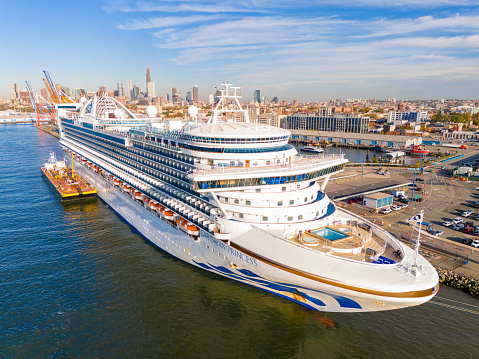 Red Hook, NY, USA - October 27, 2023: Aerial drone photo of the Caribbean Princess at Red Hook New York