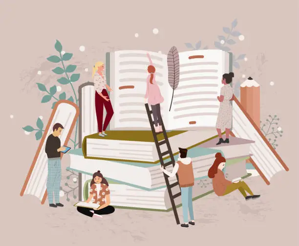 Vector illustration of People or students reading studying and preparing for examination sitting on stack of giant books or beside it. Set of book lovers, readers, modern literature fans. Flat cartoon vector illustration