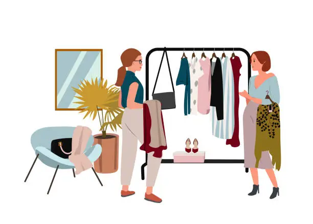 Vector illustration of Woman doing shopping flat vector illustration. Happy boutique customer and friendly seller cartoon characters. Clothing sale, consumerism concept. Garments shop, apparel retail business.