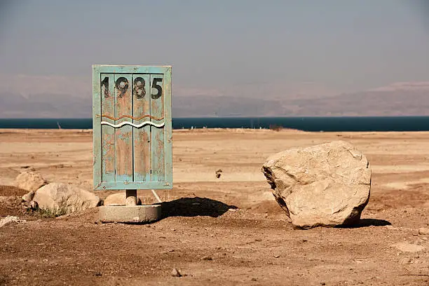 Sign of 1985 water level at Dead Sea Israel in 2012