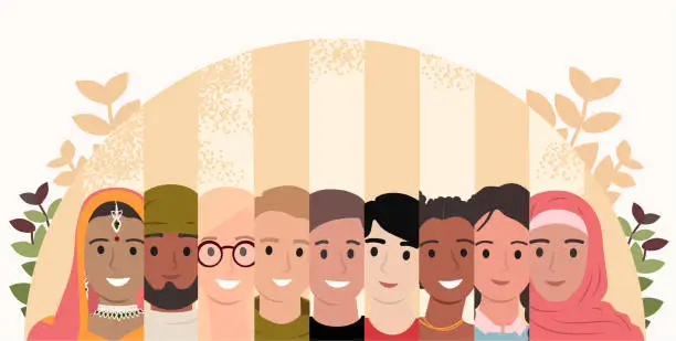 Vector illustration of Multinational group of happy people. African, asian, european students. People of different nationalities and religions cartoon style. Cultural diversity. Friendship concept. Flat vector illustration