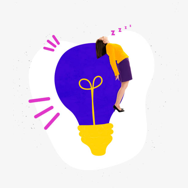 istock Banner. Contemporary art collage. Modern creative artwork. Tired woman sleeping on bright light bulb after began of startup. 1785954814