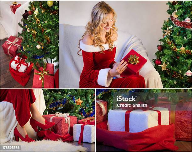 Kartka Pocztowa Na Boże Narodzenie Drzewo I Prezenty Z - zdjęcia stockowe i więcej obrazów Blond włosy
