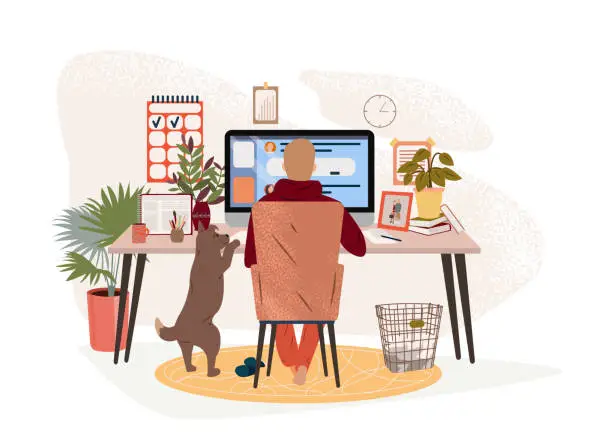 Vector illustration of Young man freelancer sitting at desk and working on laptop or computer at home. People work at home in quarantine with pets. Online education or social media concept. Flat vector illustration.
