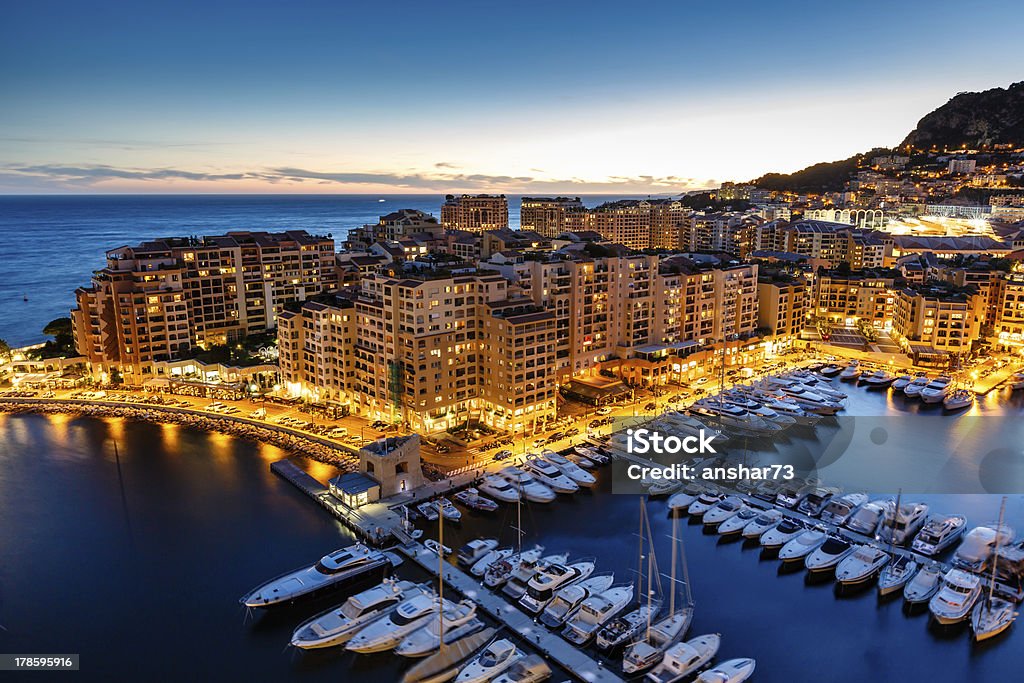 Aerial View on Fontvieille and Monaco Harbor with Luxury Yachts Aerial View on Fontvieille and Monaco Harbor with Luxury Yachts, French Riviera Monte Carlo Stock Photo