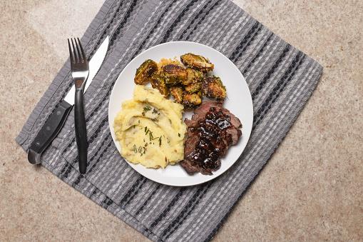 Glazed Beef Tenderloin with Garlic Mashed Potatoes and Rosemary Panko Brussels Sprouts - Top Down