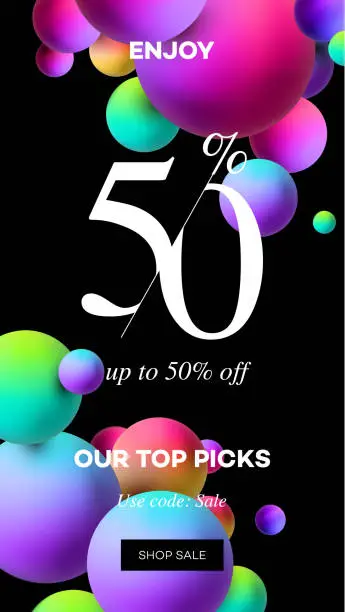 Vector illustration of Black Friday sale for social media. Home screen with 3d bubbles for stories and post, mobile app, banners, cards. Stories template, vector illustration