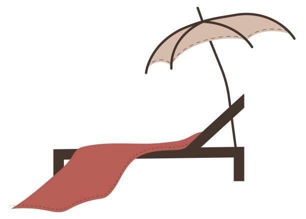 Sun lounger with red towel and beach umbrella. Vector illustration in pastel colors. Sun lounger with red towel and beach umbrella. Vector illustration in pastel colors red beach chairs stock illustrations