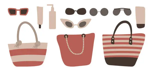 Vector illustration of Set of beach items: large flat beach bags with rope handles, sunglasses, sunscreen. Vector illustration in pastel colors.