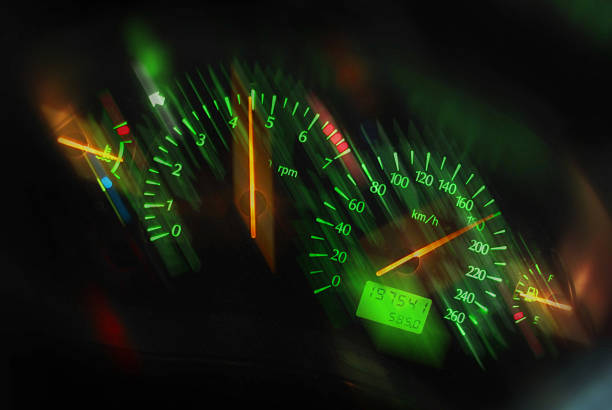 Closeup of a tachometer and speedometer on a sports car dashboard