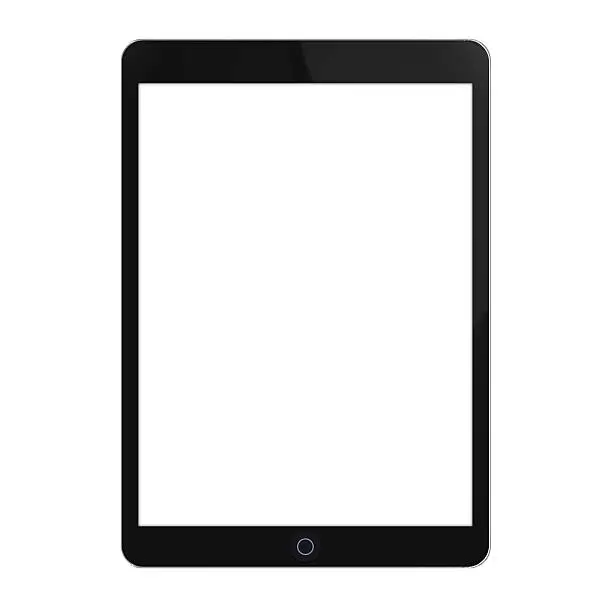 Black touchscreen Tablet with blank white screen isolated on white background.