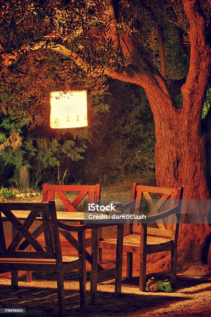 Picnic table by night An picnic table settled under tree, illuminated by lamp Night Stock Photo