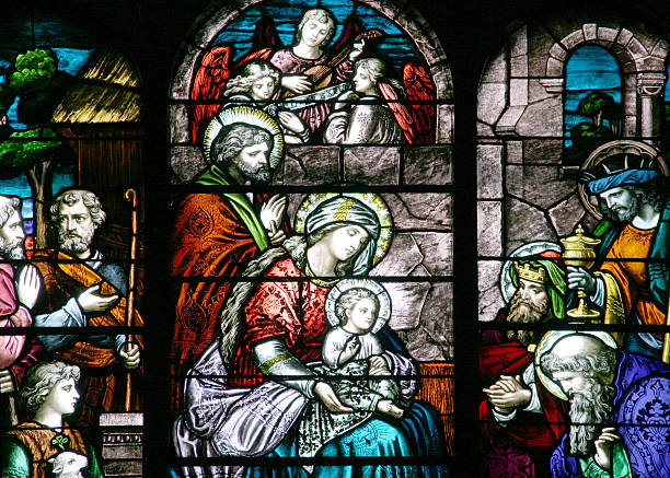 witraż-szopka bożonarodzeniowa - spirituality stained glass art glass zdjęcia i obrazy z banku zdjęć