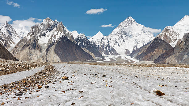 K2 and Baltoro Glacier, Pakistan K2 and Baltoro Glacier, Karakorum, Pakistan k2 mountain panorama stock pictures, royalty-free photos & images