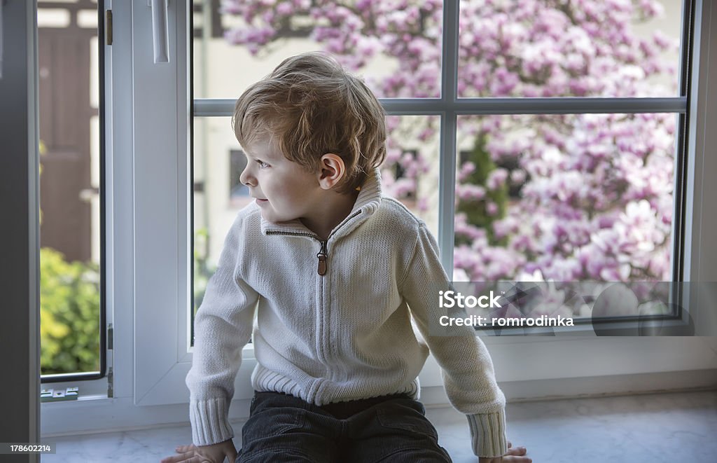 Rapaz adorável criança olhando pela janela - Foto de stock de Alegria royalty-free