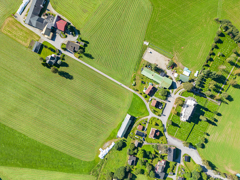 Drone point of view of farmland in Norway